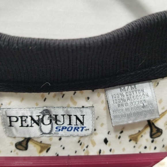 Penguin Sport Men's Polo Shirt Size M Ivory With Golf Tees Print Short Sleeve - Picture 3 of 9